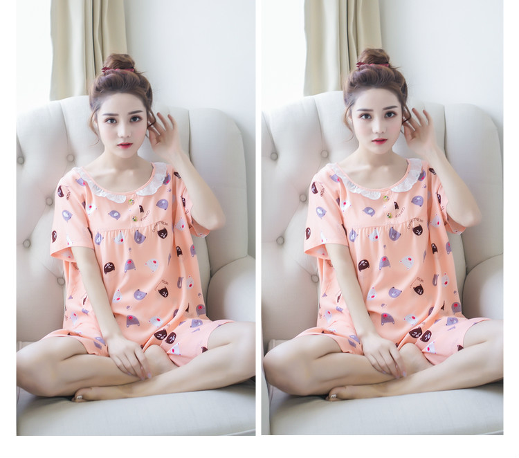 Mùa hè cotton ngắn tay kích thước lớn cotton lụa đồ ngủ cotton lụa ladies phù hợp với dễ thương giản dị nhân tạo cotton dịch vụ nhà