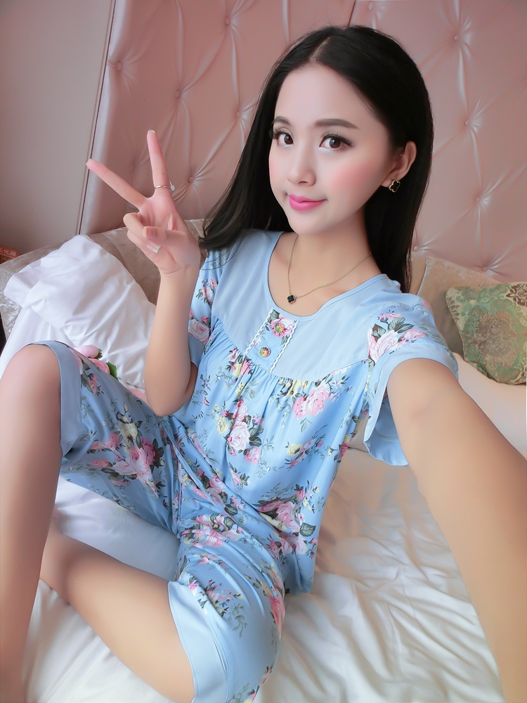 Mùa hè cotton ngắn tay kích thước lớn cotton lụa đồ ngủ cotton lụa ladies phù hợp với dễ thương giản dị nhân tạo cotton dịch vụ nhà