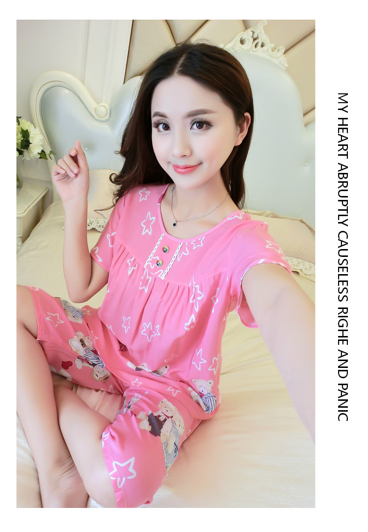 Mùa hè cotton ngắn tay kích thước lớn cotton lụa đồ ngủ cotton lụa ladies phù hợp với dễ thương giản dị nhân tạo cotton dịch vụ nhà