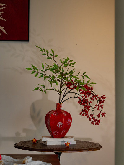 Artificial Green Plant with Fake Red Pomegranate Fruit in Ceramic Vase Decoration for Festive New Year in Living Room, Dining Room, or Entryway