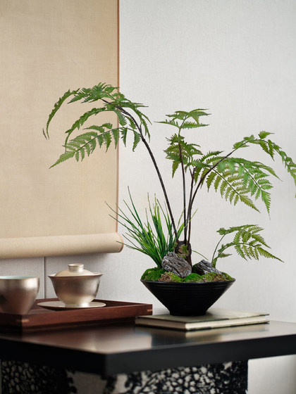 Faux Fern Potted Plant, Artificial Flowers, New Chinese-Style Tea Room Decoration, Zen-Inspired Entrance Decoration, Small Size