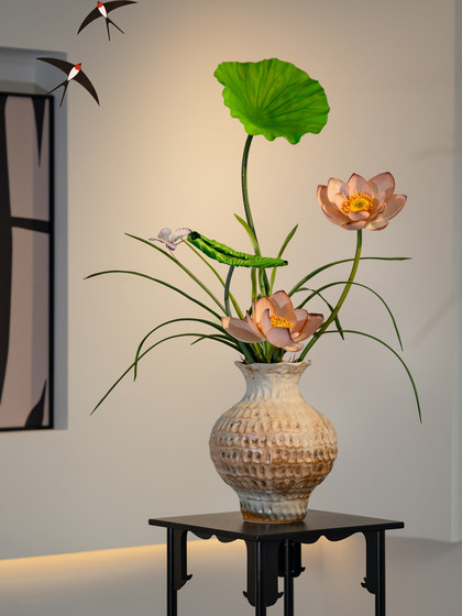 Artificial Lotus Bonsai for Dining Room Tabletop, French-Style Chinese Decor, High-End Realistic Fake Flower Arrangement for Entryway and Tea Room