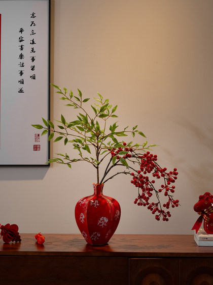Artificial Green Plant with Fake Red Pomegranate Fruit in Ceramic Vase Decoration for Festive New Year in Living Room, Dining Room, or Entryway