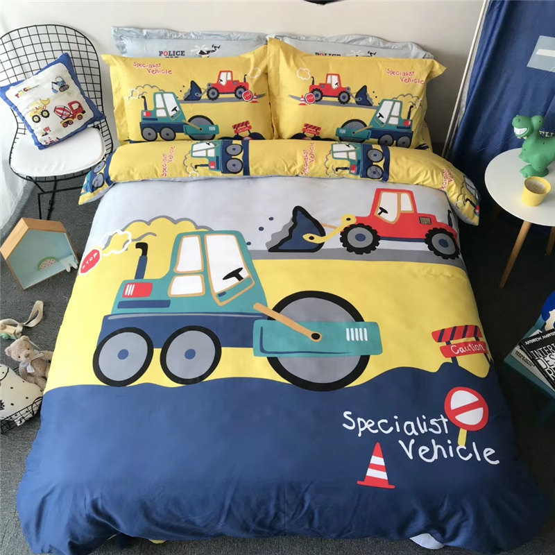 Excavator children boys and girls cotton four-piece set cute cartoon pure cotton thickened brushed bed sheet quilt cover autumn and winter