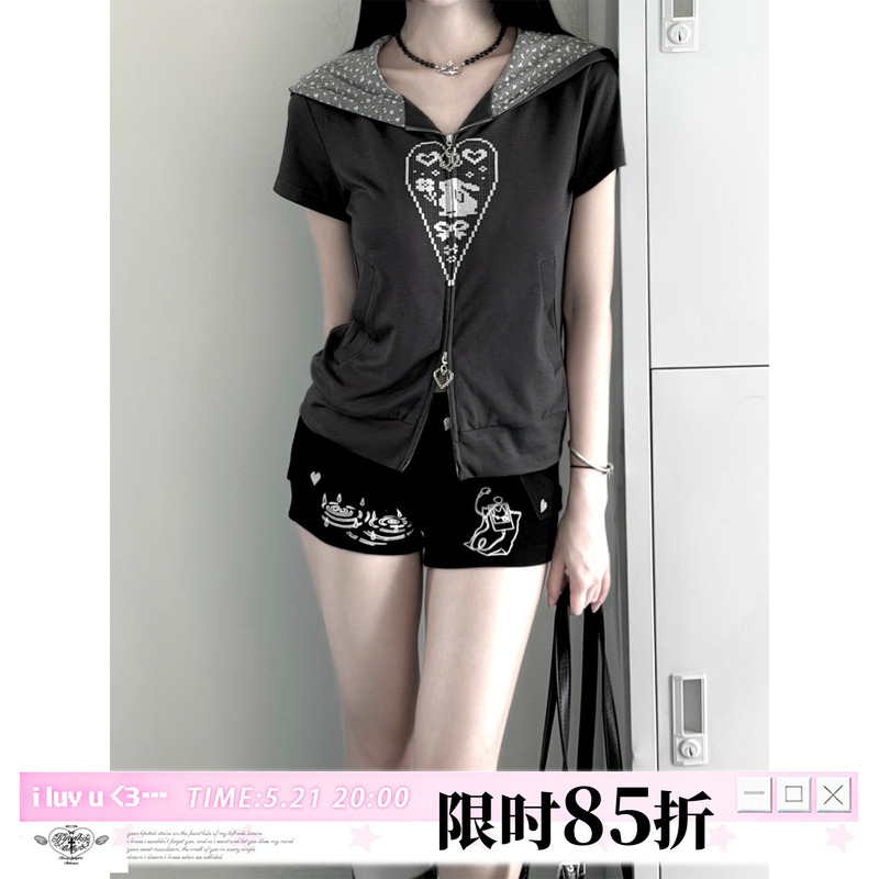 Kyoukobaby Y2K Style Rabbit Ear Hooded Short-Sleeve T-Shirt Slim Fit Double-Ended Zipper Cardigan Top for Women Kyoukobaby Y2K Style Rabbit Ear Hooded Short-Sleeve T-Shirt Slim Fit Double-Ended Zipper Cardigan Top for Women