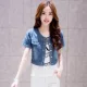 2021 Phiên bản Hàn Quốc của áo khoác nữ mùa xuân và mùa hè khăn choàng nhỏ denim ngọt ngào khăn choàng ngắn tay ngắn cạp cao áo khoác nhỏ denim - Áo khoác ngắn