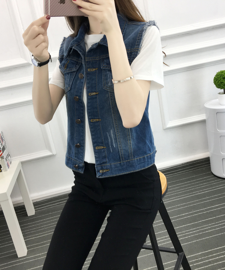 Áo khoác phân bón cộng với phụ nữ XL Mặc ngắn mặc mỏng mỏng không tay áo khoác denim áo khoác jean nữ