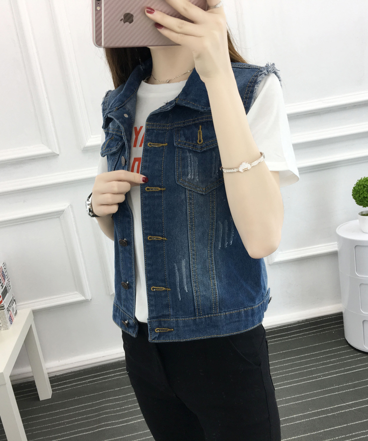Áo khoác phân bón cộng với phụ nữ XL Mặc ngắn mặc mỏng mỏng không tay áo khoác denim áo khoác jean nữ