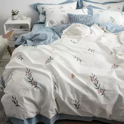 Four-piece cotton cotton Nordic ins Net red embroidery hipster simple white sheets quilt cover bedding 4