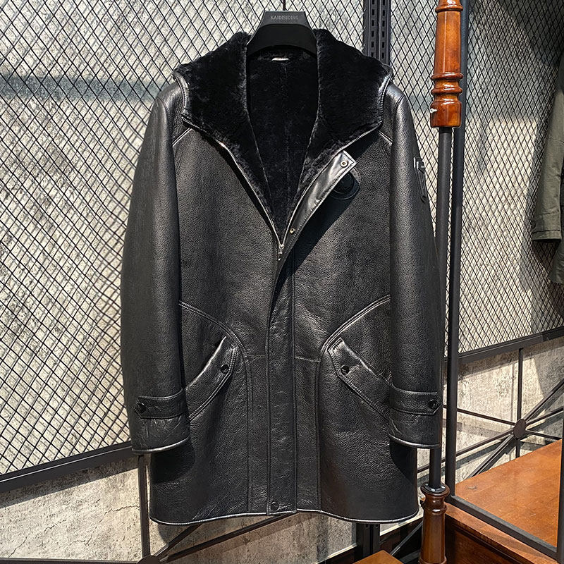 2022 long version of men's winter great clothes original eco-fur integrated genuine leather leather black Liancap leather clothing