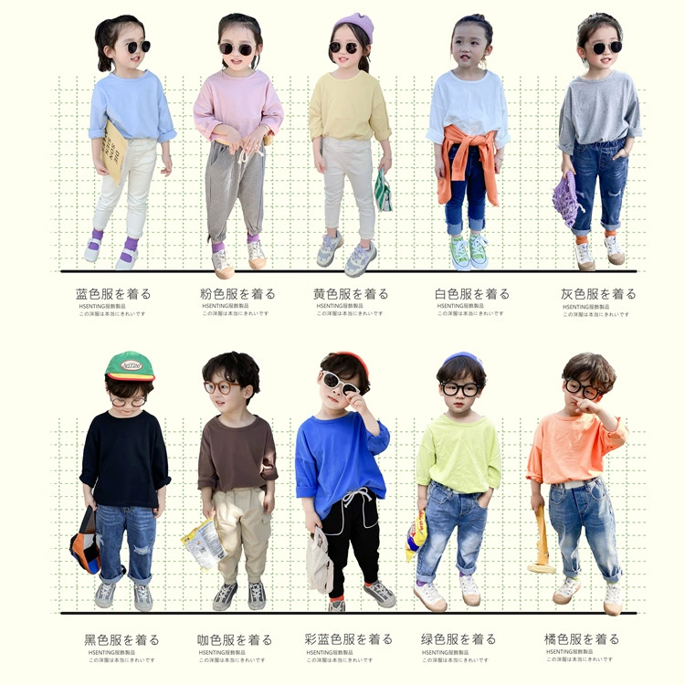 2020 quần áo trẻ em mùa xuân Hàn Quốc Dongdaemun giản dị áo thun dài tay bé trai bé gái nước ngoài màu kẹo - Áo thun
