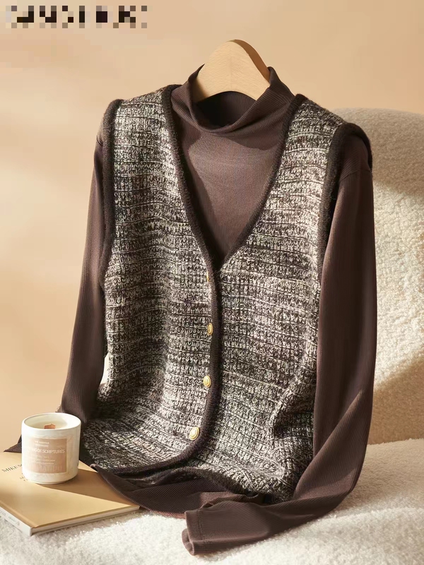 Om 236-40V Collar Patchwork Color-Block Sleeveless Loose Vest Cardigan Om 236-40V Collar Patchwork Color-Block Sleeveless Loose Vest Cardigan