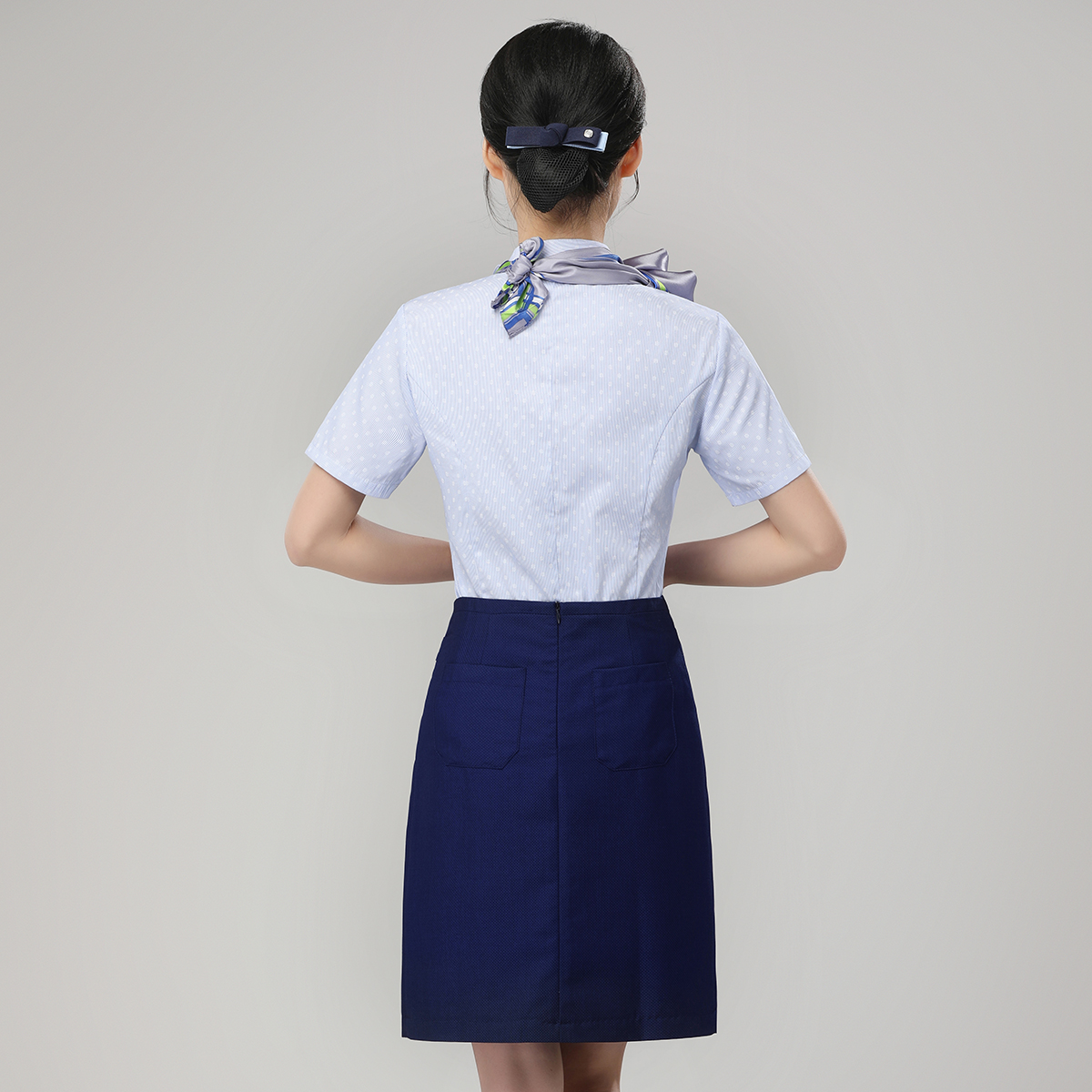 2019 mới văn phòng di động workuniform đi lại cửa hàng điện thoại di động màu xanh nhạt in ngắn tay áo sơ mi thời trang váy