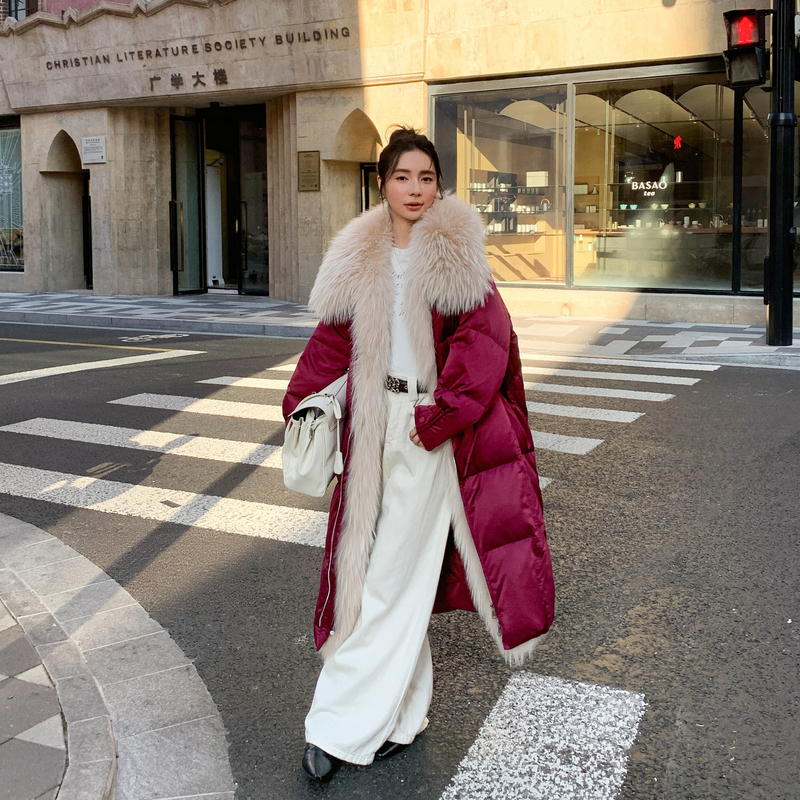 Smoked Glazed Glass 2026 Winter Unique New Imported 90% White Goose down Mid-Length Coat with Raccoon Fur Collar