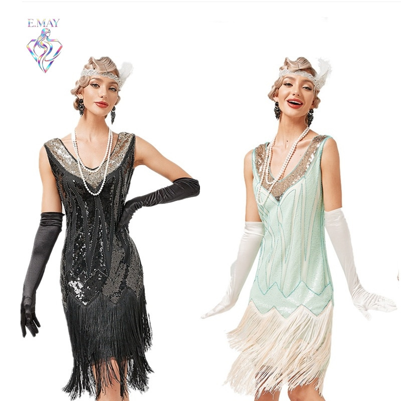 1920S V-Neck Tassel Dress European and American Retro Gatsby Clothing Latin Dance Ball Sequin Beaded Dress 1920S V-Neck Tassel Dress European and American Retro Gatsby Clothing Latin Dance Ball Sequin Beaded Dress