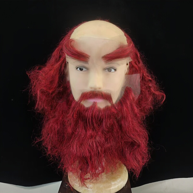 Wandering Monk from Journey to the West Wig, Brown-Red High-Temperature Fiber Headgear with Beard, Full Set for Film and Television Costumes, Full Beard Hairpiece