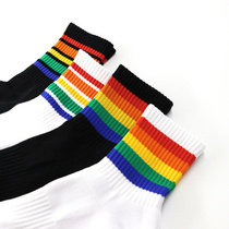 (3 pairs) Gvzpea rainbow stripe mid-length towel bottom trendy simple breathable sweat-absorbing sports socks