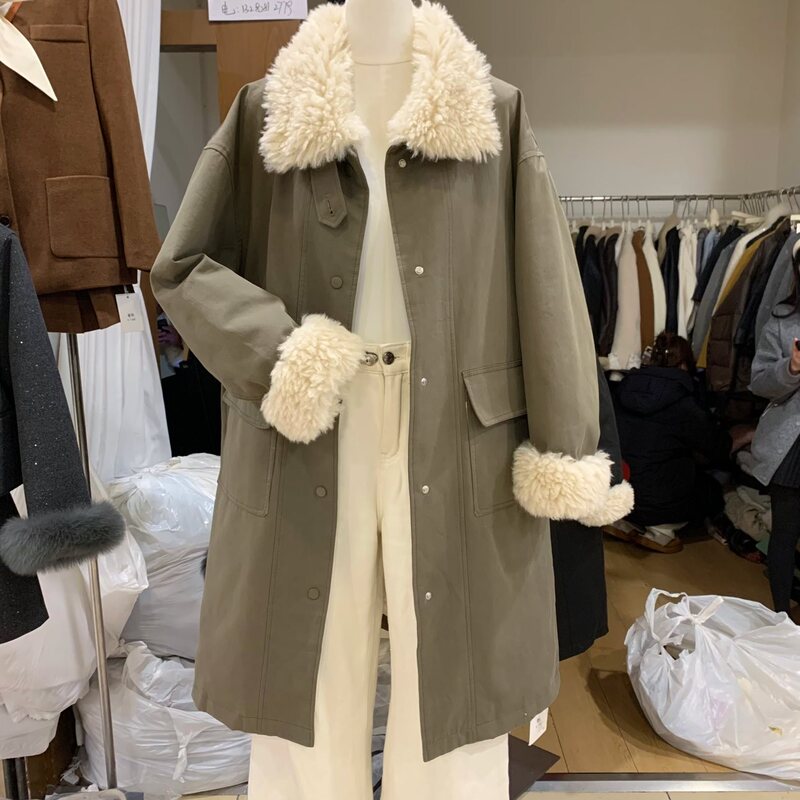 Lamb Wool Patchwork Parka Coat for Women, Mid-Length, 2024 Winter, Loose Casual down Jacket with Inner Lining