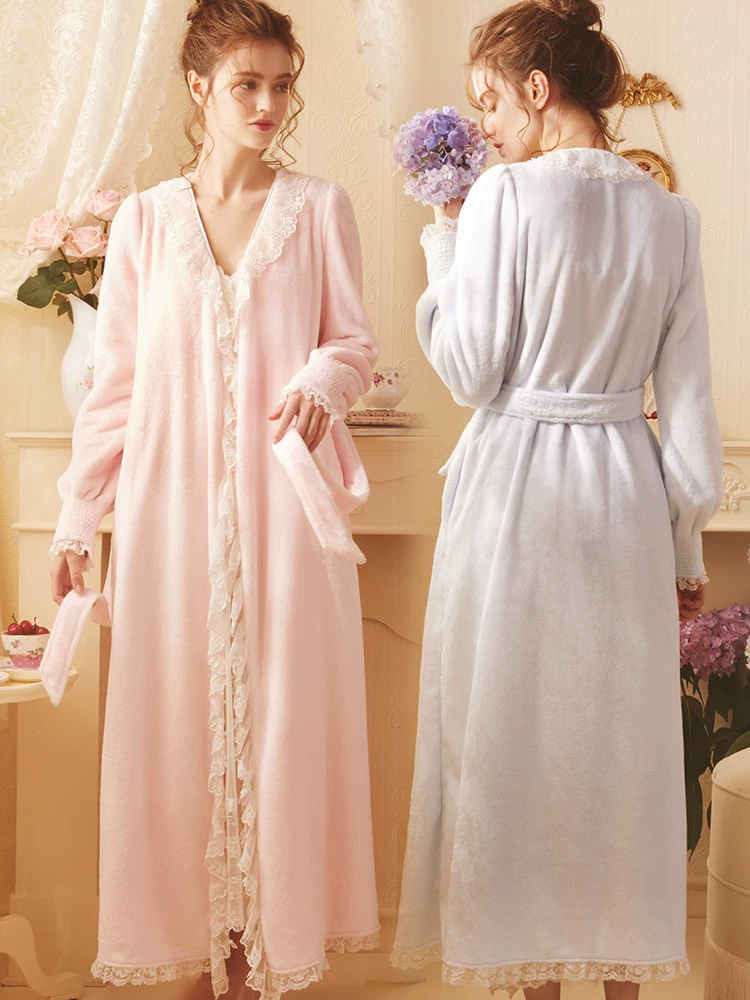 Flannel winter bathrobe, long pijama for bride