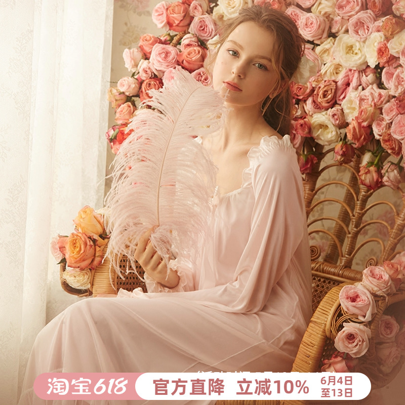 RoseTree sexy nightdress female spring and summer sweet long-sleeved long-sleeved princess court style pajamas spring and autumn ice silk nightdress