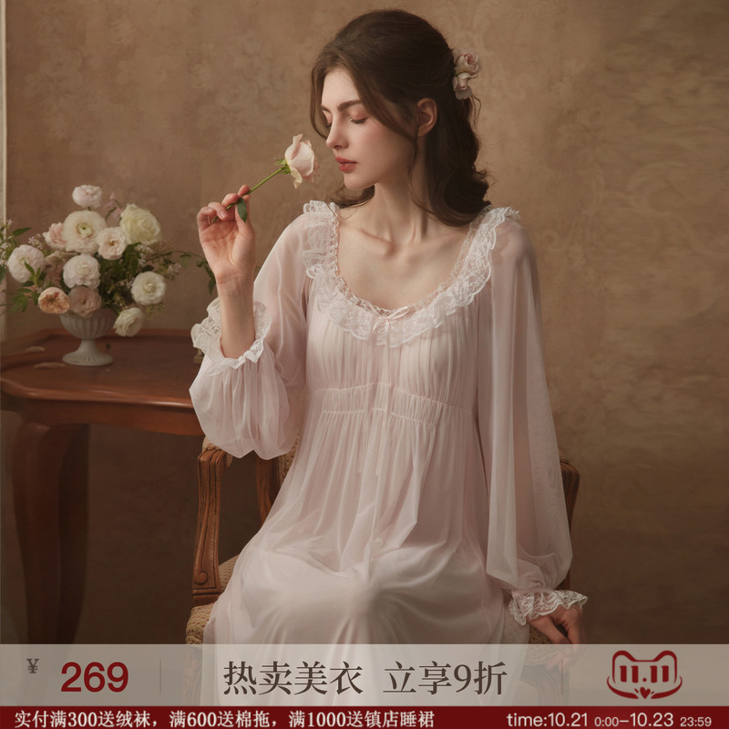 Rosetree Nightgown for Women, Spring and Autum, Long-Sleeved, Palace-Style Lace, Unique and Beautiful Pajamas with Breast Pads, 2026 New Style