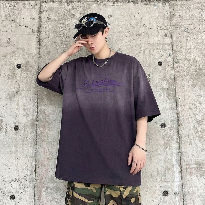 Trendy Plus-Size Summer Heavyweight Double Yarn Oversized Gradient Vintage Short-Sleeve T-Shirt for Men, Loose Fit, Retro Pure Cotton T-Shirt Trendy Plus-Size Summer Heavyweight Double Yarn Oversized Gradient Vintage Short-Sleeve T-Shirt for Men, Loose Fit, Retro Pure Cotton T-Shirt