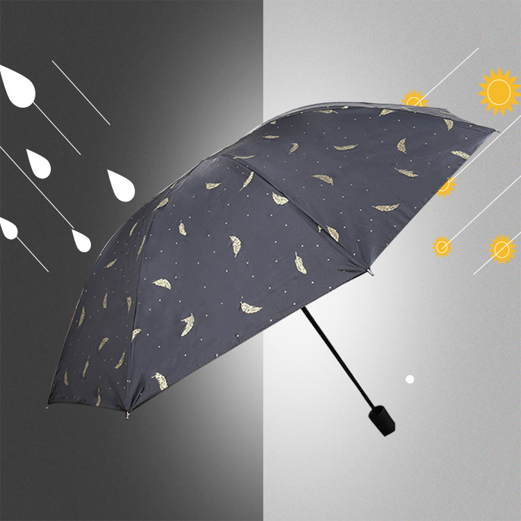 Creative bronzing feather vinyl parasol small fresh sunny umbrella folding parasol anti-UV tri-fold umbrella