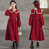 Girls autumn dress corduroy wine red autumn winter childrens clothing sweet girl long sleeve princess dress fashion skirt