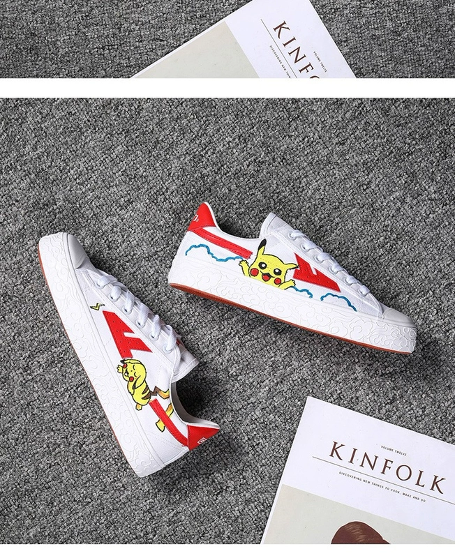 Kéo lại giày nam vẽ tay giày bạt nổ phim hoạt hình Pikachu nam và nữ graffiti giày tự làm xu hướng giày nam - Plimsolls