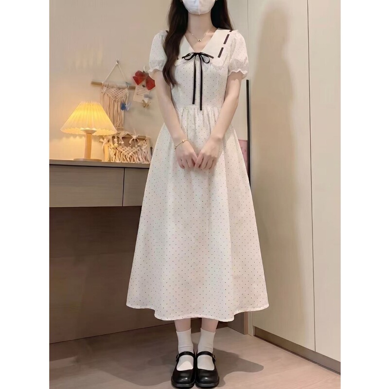 Middle and High School Students' Elegant Polka Dot Dress 2026 Summer New Style Girl's College Style Navy Collar Long Dress Middle and High School Students' Elegant Polka Dot Dress 2026 Summer New Style Girl's College Style Navy Collar Long Dress