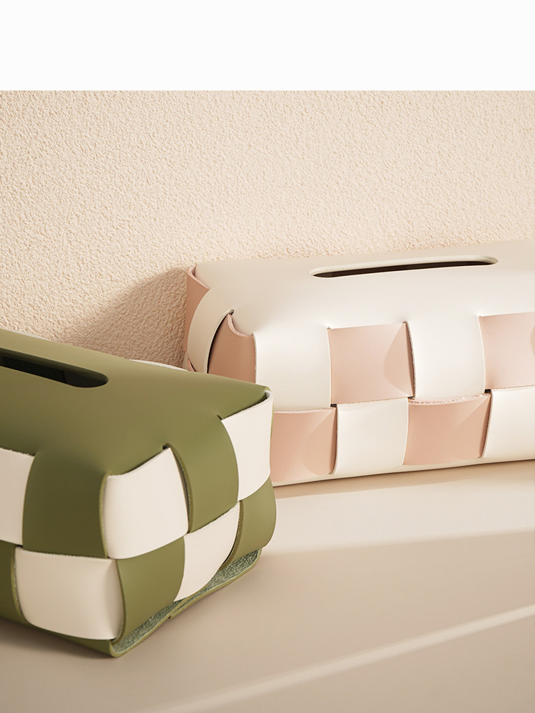 Checkerboard Pattern Light Luxury Woven Leather Tissue Box, High-End Modern Living Room Home Decoration, Creative Car Tissue Box
