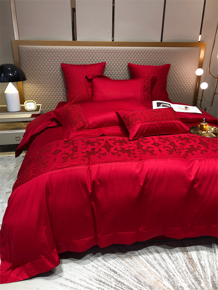 新中式高端刺繡紅色婚慶四件套100支長絨棉貢緞全棉被套婚房用品~特價