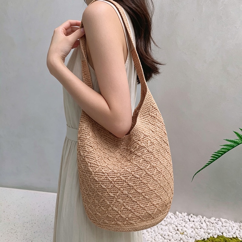 Large Capacity Bucket Bag, Raffia Woven Shoulder Bag, Magnetic Clasp, Crochet, Simple, Japanese Import, with Lining, for Vacation
