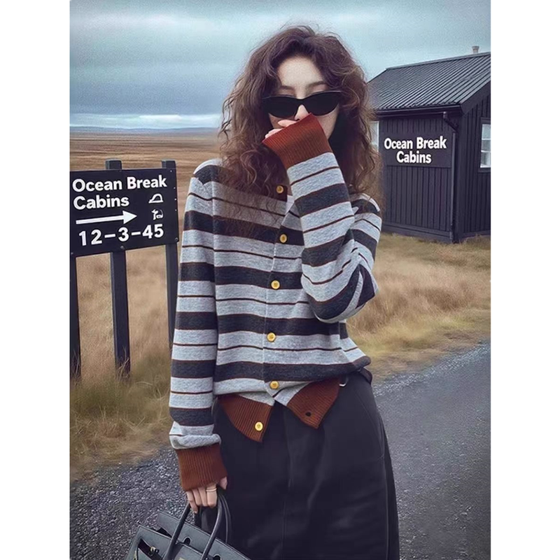 Retro Style Color-Blocked Stripesd Thin Wool Knitted Cardigan for Women in Spring & Fall Korean Style Loose Slimming Look Round Neck Sweater Jacket