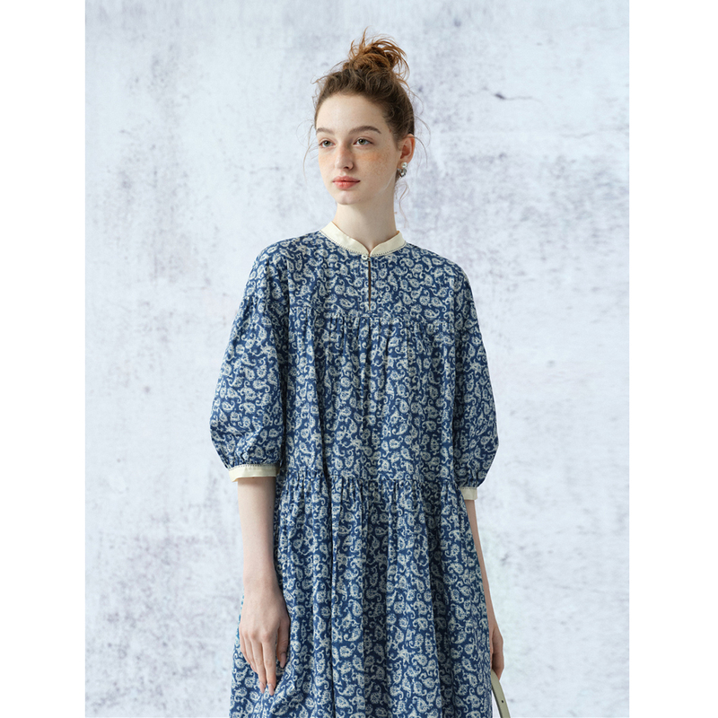 [Flower of the Ocean] Tea Yan Yuesu Chinese-Style Stand-Up Collar Pleated Puff Sleeve Women's Printed Dress 2026 Summer New Style