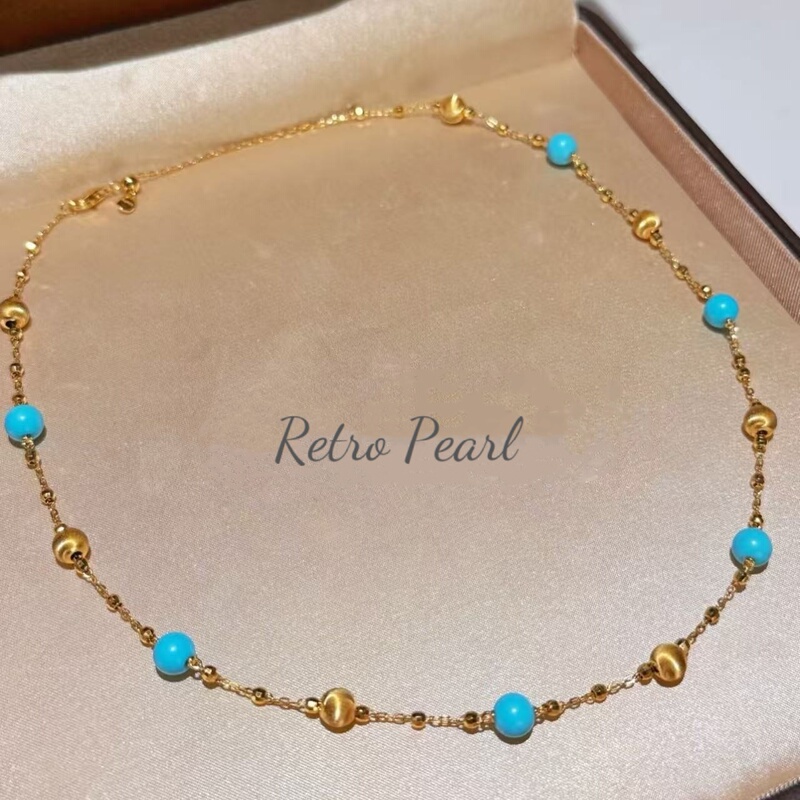Retro Pearl Light Luxury Tiffany Blue Starry Sky Cat's Eye Blue Turquoise 925 Sterling Silver Versatile Clavicle Necklace for Women