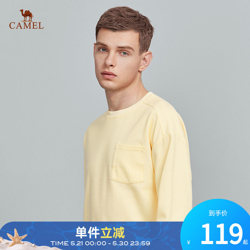 Camel mens Spring 2022 new T-shirt ribbed trim crewneck knit solid color long sleeve t-shirt tops for men