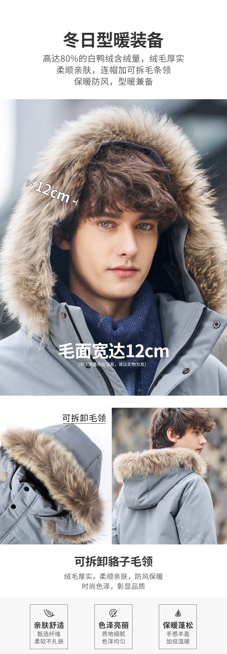 骆驼 男装 貉毛大领 白鸭绒羽绒服 图2