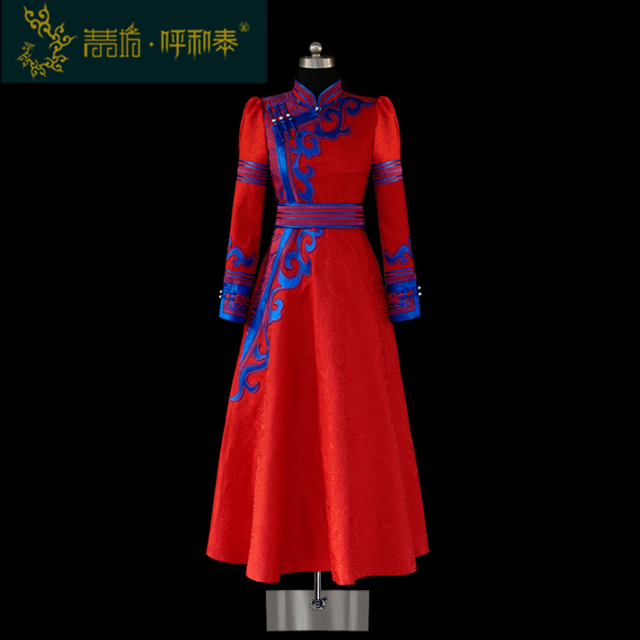 (Qingqing Workshop and Tai) Custom of Mongolian Fashion Red Blue Collared Color Drill Cloud Tuxgown Original Design