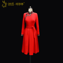 (Qingqing Fang Hu and Tai) Customized Mongolian fashion red long sleeve Medium-length dress ethnic style
