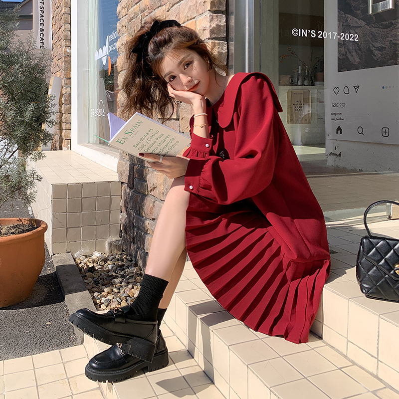Maternity Spring and Autumn Clothing with a High-End Feel, Sweet Doll Collar Pleated Skirt, Autumn Wedding Red Dress