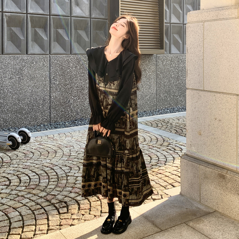 Mantoujia Maternity Spring and Autumn 2026 New Style Doll Collar Fake Two-Piece Dress Sweet and Fresh Loose Dress