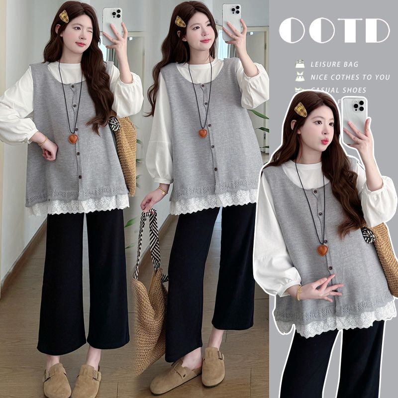 Maternity Spring and Autumn Cardigan Vest Top and Long Pants Two-Piece Set, Loose and Stylish Fashionable Outfit Maternity Spring and Autumn Cardigan Vest Top and Long Pants Two-Piece Set, Loose and Stylish Fashionable Outfit