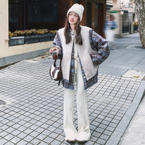 Maternity autumn and winter clothing set fashionable lamb vest winter silhouette woolen coat two-piece loose top trendy