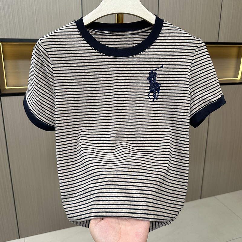 2026 Summer New Fashion Versatile Round Neck Short Sleeve T-Shirt Women's Top Slim Fit Striped Embroidered Base Shirt