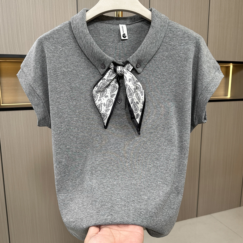 Summer New Fashion Silk Scarf Collar Pure Cotton Mother-Style Short-Sleeve T-Shirt for Women, Versatile, Age-Reducing, Slimming, and Elegant Top Summer New Fashion Silk Scarf Collar Pure Cotton Mother-Style Short-Sleeve T-Shirt for Women, Versatile, Age-Reducing, Slimming, and Elegant Top