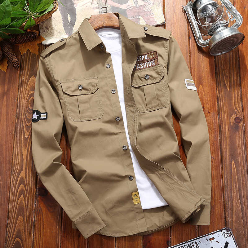 Men's Long-Sleeved Trendy Pure Cotton Shirt, Military Workwear, Autumn Jacket, Casual Men's Shoulder Patch Shirt