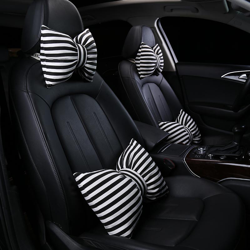 Black and white striped bow car headrest cute female pair of interior supplies pillow lean