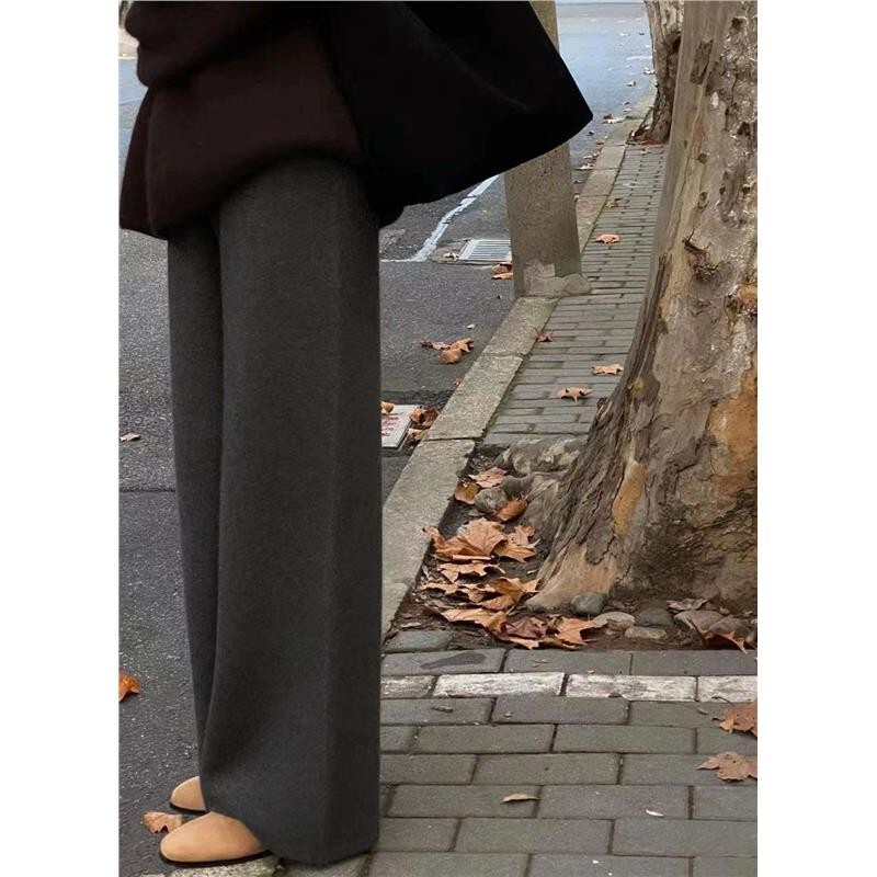 100% Thickened Fleece-Lined Wool Wide-Leg Pants for Women, Lazy Drapey Knit Straight-Leg Long Pants, Autumn and Winter Cashmere Outerwear Pants 100% Thickened Fleece-Lined Wool Wide-Leg Pants for Women, Lazy Drapey Knit Straight-Leg Long Pants, Autumn and Winter Cashmere Outerwear Pants