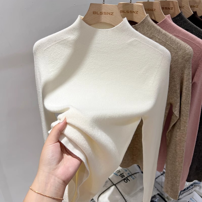 Autumn and Winter 100% Soft Wool Sweater for Women, Half Turtleneck, White Inner Knit Base Layer, Slim Fit, Elegant Mid-Neck Sweater